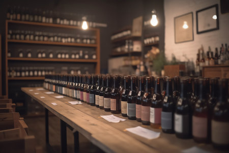 A blurred wine shop with bottles, set on a wooden table with a techcreated background. Generative AIの素材