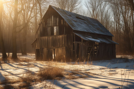 An old wooden barn weather worn outside in the warm sunlight. Generative AIの素材