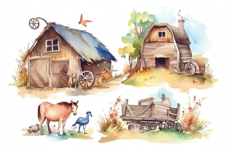 Watercolor card life of a farmer with cute horse, lamb, chicken, barn, hay. Generative AIの素材