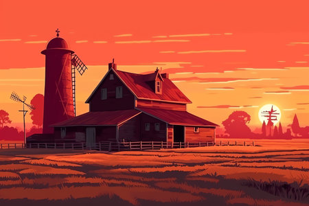 Red hangar at the farmers field to the mill on agricultural land, natural landscape with green field and posevochnym the sunset with a red hangar farm cartoon illustration. Generative AIの素材