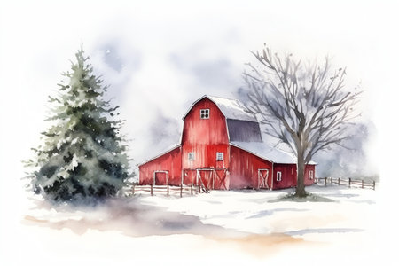 Watercolor christmas tree with wooden red barn, farmhouse winter background. Generative AIの素材