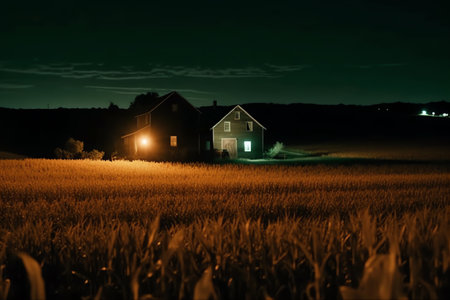 A corn field with a barn in the background at night. Generative AIの素材