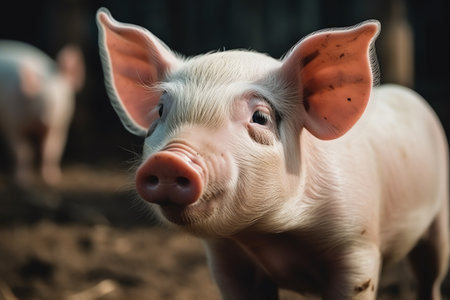 Piglet with pink ears on pig farm, raising pigs. Generative AIの素材