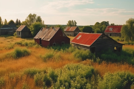 Village barn and abandoned farm houses made of red wood in field. Generative AIの素材