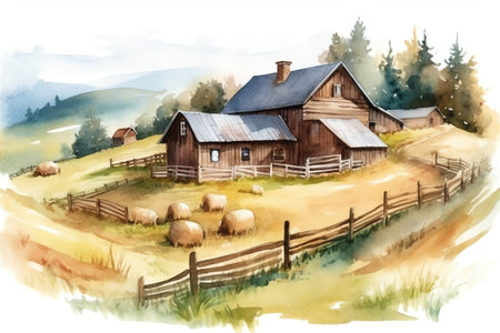 Watercolor cute farm with barn, granary, hay, shovel, wooden fence, hill, tree, grass. Generative AIの素材