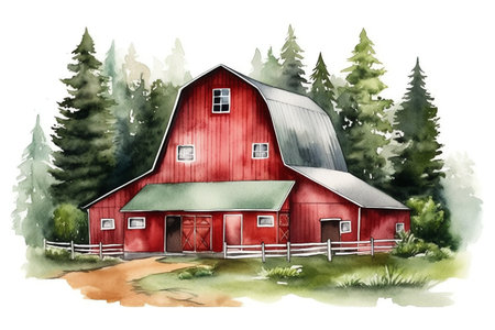 Christmas red barn and green trees watercolor illustration. Generative AIの素材