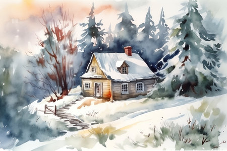 Watercolor composition with winter landscape, little house, trees, snow, pine, village cottage, nature. Generative AIの素材