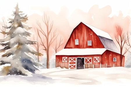 Watercolor wooden white barn, christmas tree background illustration. Generative AIの素材