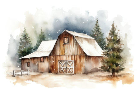 Watercolor wooden white barn, christmas tree background illustration. Generative AIの素材