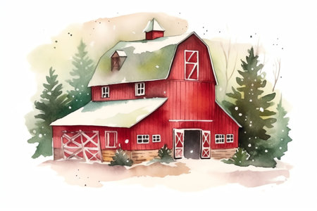 Christmas red barn and green trees watercolor illustration. Generative AIの素材