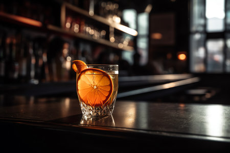 A cocktail glass with an orange slice on top, cocktail on a bar counter. Generative AIの素材