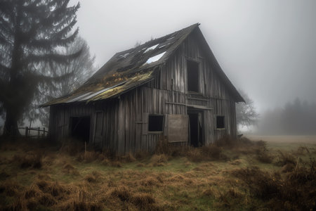 An old abandoned barn in the foggy rain of the countryside of the pacific northwest. Generative AIの素材