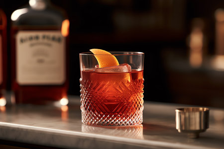 Elegant italian negroni cocktail on counter with bottle and garnish. Generative AIの素材