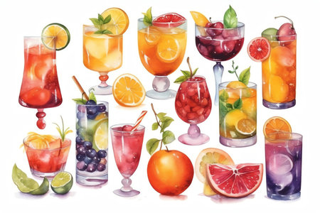 Cocktails and ingredients illustrations, different cocktails and food isolated on white, watercolor clipart, set of drinks. Generative AIの素材