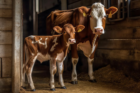 Here, d cow with calf in a barn. Generative AIの素材