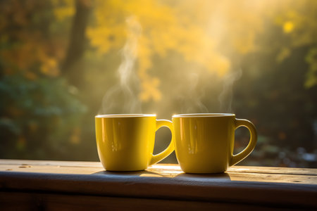 Two yellow coffee mugs sitting on a wooden table with a blurry background of trees and bushes in the distance, with a steaming coffee cup in the, eground. Generative AIの素材
