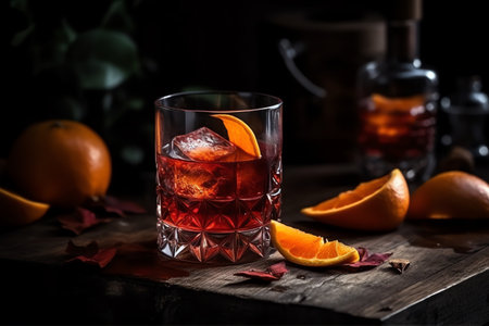 Negroni cocktail with orange peel on a dark wooden table. Generative AIの素材