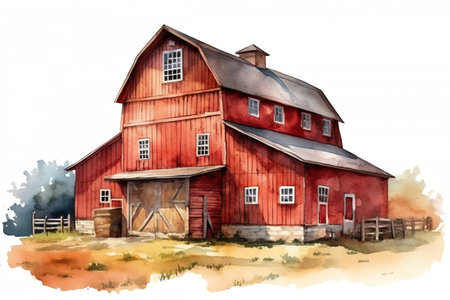 Red wooden barn, farmhouse watercolor illustration. Generative AIの素材