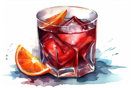 Negroni cocktail watercolor hand drawn illustration, drink clipart on white background. Generative AIの素材