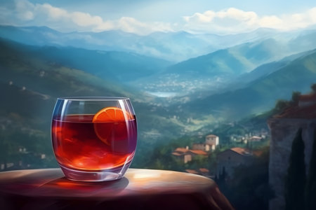 Red cocktail glass, realistic negroni cocktail drink on background of picturesque mountain view. Generative AIの素材