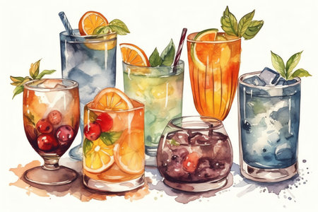 Set of various classic cocktails, watercolor illustration. Generative AIの素材