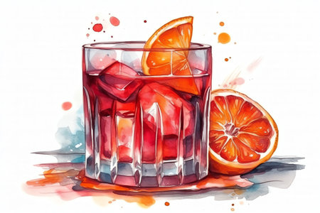 Watercolor negroni cocktail. Generative AIの素材