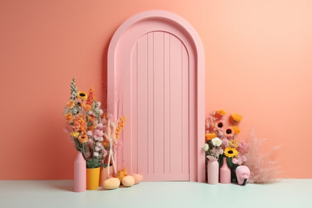 Soft front angle wall, isolated pink barn door, watermelon, arch frame with many colorful flowers, vase flowers, colorful grass. Generative AIの素材