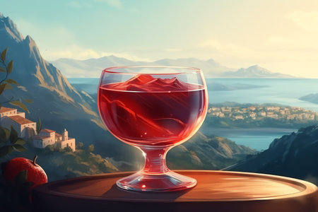 Red cocktail glass, realistic negroni cocktail drink on background of picturesque mountain view. Generative AIの素材