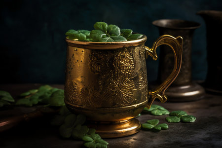Toast to saint patricks day with a mug of gold and shamrocks. Generative AIの素材
