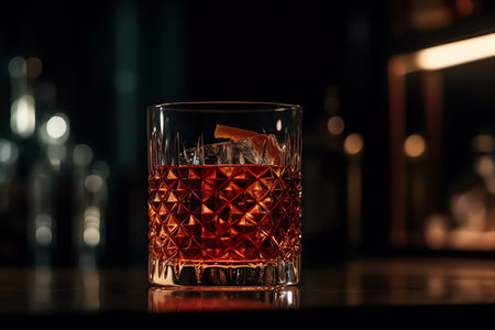 Negroni cocktail with the beautiful reflection of the bar lights on a mirrored surface. Generative AIの素材