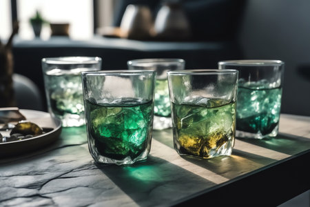Glass water and coffee mugs with white, black, and green highlights, loftstyle basic art, and exquisite product flooring are decorations. Generative AIの素材