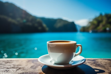 A mug with coffee on a table on a tropical island against the background of azure water. Generative AIの素材