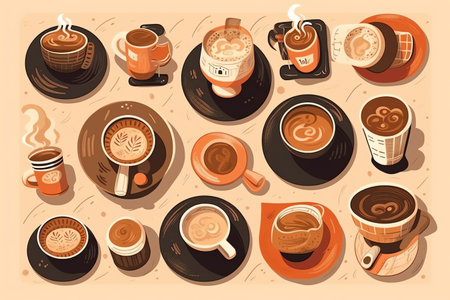 Coffee set, illustrations of various coffees and coffee mugs, cardboard cups, coffee with cream, mugs and coffee jug. Generative AIの素材