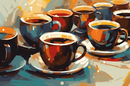 A abstract cups full of expresso in background, art style, kitchen, restaurant. Generative AIの素材