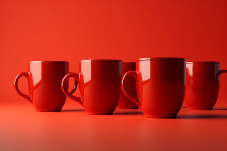 Coffee mugs in a row, red background, 3d rendering. Generative AIの素材