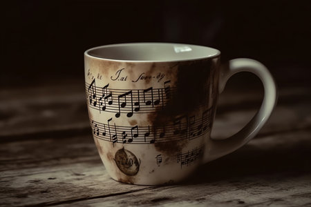 Coffee mug with music themed design such as sheet music, technology. Generative AIの素材