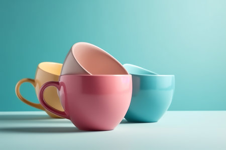 Colorful coffee mugs on bright blue background in pastel colors, minimalism concept. Generative AIの素材