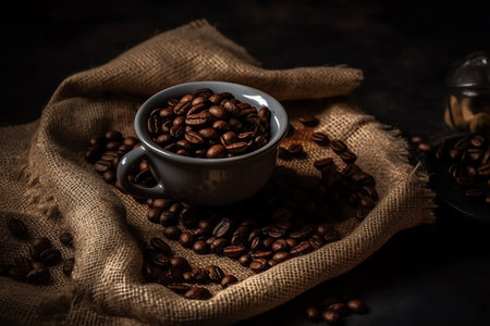 Top view of cup of coffee and coffee beans in a sack on dark background. Generative AIの素材