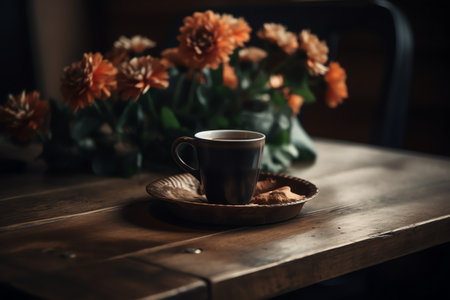 Cup of coffee sits on table next to flowers. Generative AIの素材