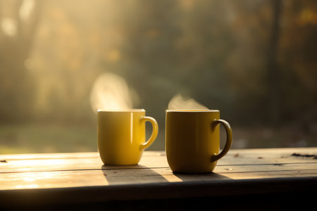 Two yellow coffee mugs sitting on a wooden table with a steaming cup in the middle of the mug, with a blurry background of trees. Generative AIの素材
