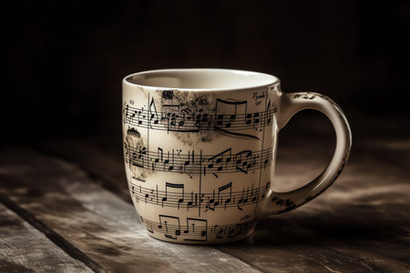 Coffee mug with music themed design such as sheet music, technology. Generative AIの素材
