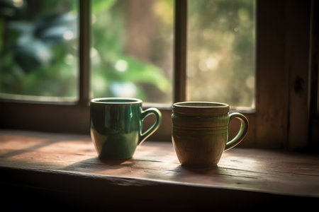 Two coffee mugs sitting on top of a wooden table in front of a green leafy background of a window and a wooden table. Generative AIの素材