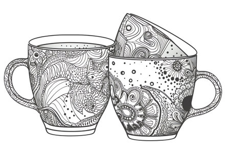 An outline jpeg illustration of two polka dot decorated coffee mugs isolated on white background, designed in a classic style as a coloring page, adults and kids. Generative AIの素材