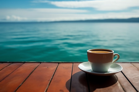 A mug with coffee on a table on a tropical island against the background of azure water. Generative AIの素材