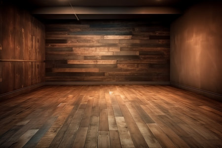 Idea of empty room with vintage wooden floor and large wall, used as background studio wall, display your products. Generative AIの素材