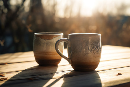 Two coffee mugs sitting on a wooden table outside on a sunny day with trees in the backgroup of the picture and a blurry background. Generative AIの素材