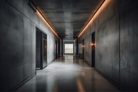 Abstract empty, modern concrete walls hallway room with indirekt ceiling lights in the back industrial interior background template. Generative AIの素材