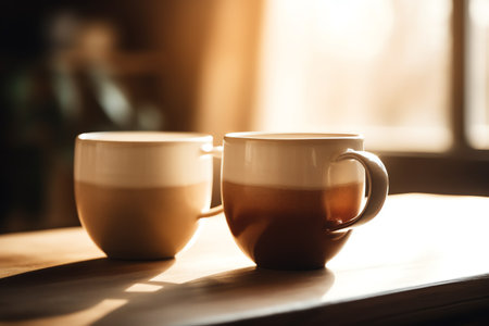 Brown and white coffee mugs on wooden table cozy cute design in lovely home background space, text postprocessed. Generative AIの素材