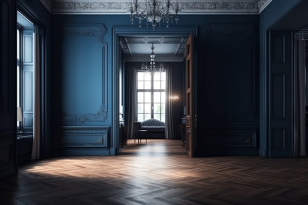 Dark blue wall, doors and parquet in classic style. Generative AIの素材