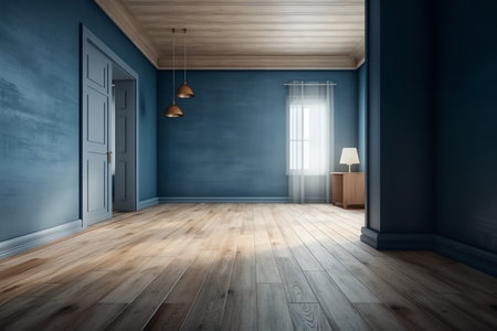 Modern interior empty room, scandinavian style, wood flooring and blue wall, 3d rendering. Generative AIの素材